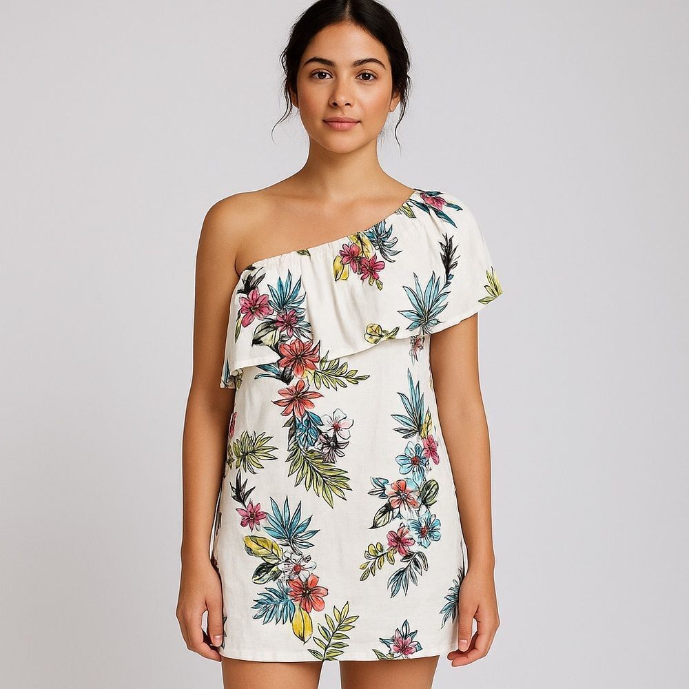 Staccato White Floral One-Shoulder Mini Dress Tropical Hawaiian Double Layer M